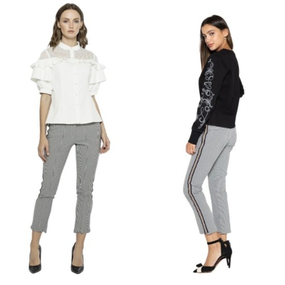 Gracia VALENCIA PANTS size S Black white Houndstooth Print Side Line